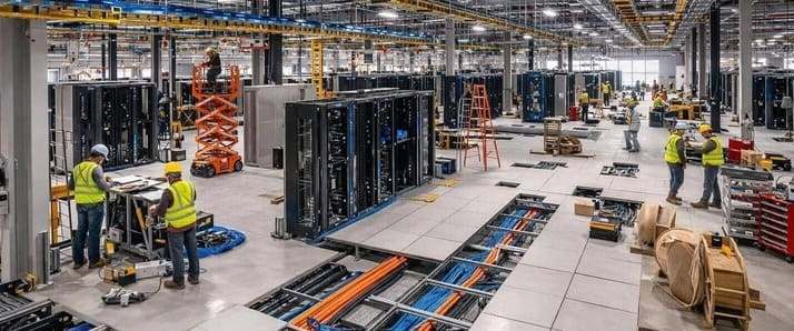 Server racks inside a modern hyperscale data center — high-value IT equipment that requires purpose-engineered protective crate packaging during transit